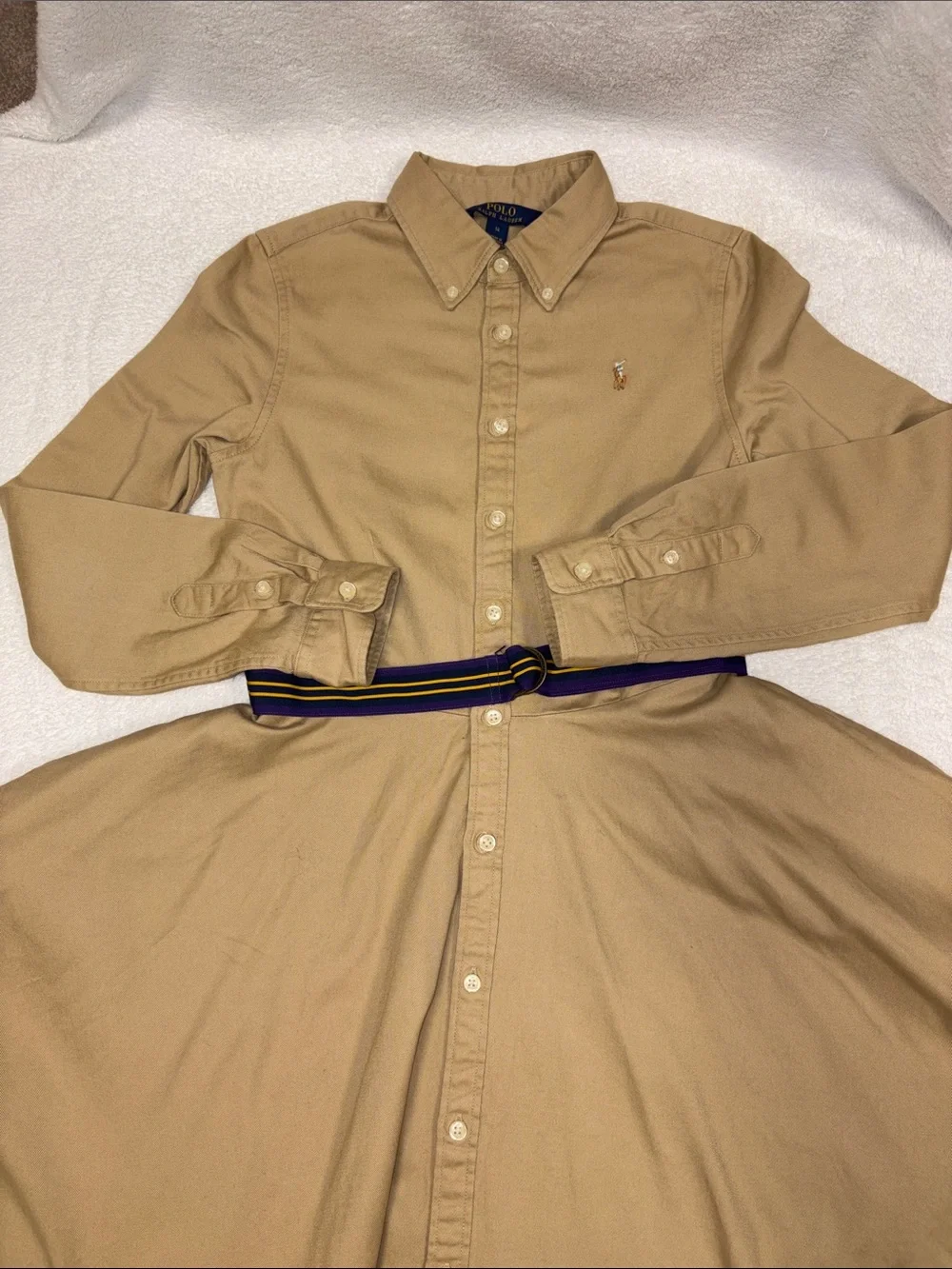 Ralph Lauren Khaki Button-Down Shirt Dress purple Yellow Stripe Belt girls 14